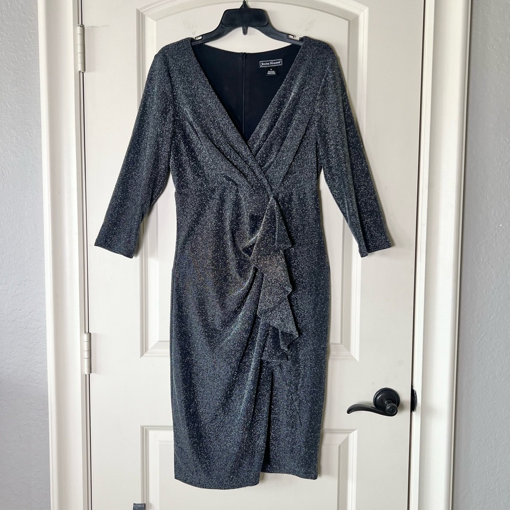 Jessica Howard Black Silver Metallic Ruffle Cocktail Dress Size 10 Wedding Guest